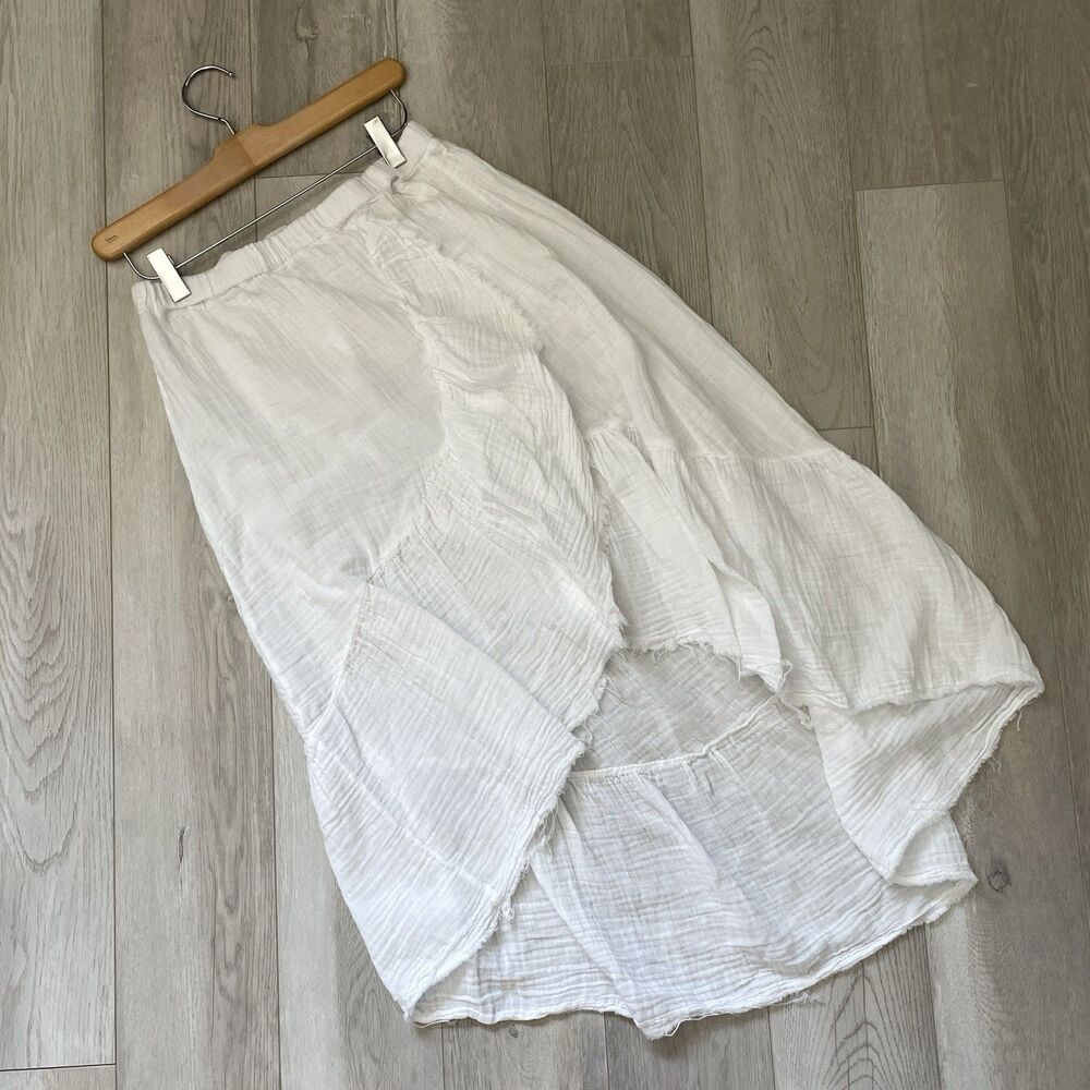 Starkx Ruffle Skirt cotton gauze high low midi womens White (large) coastal raw